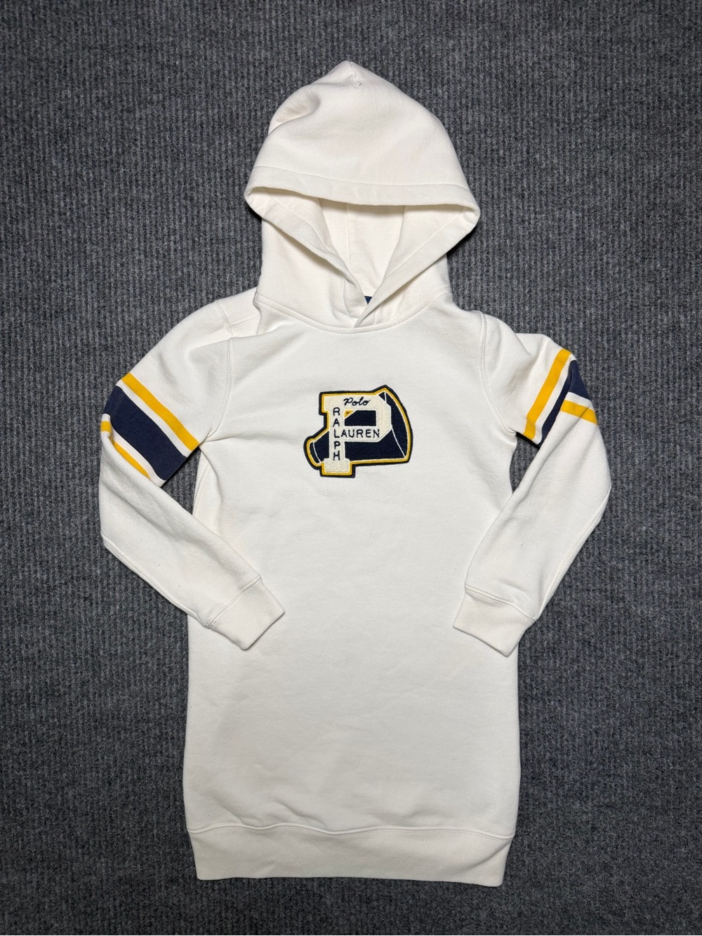Polo by Ralph Lauren Cream Hooded Kids Dress with Navy & Yellow Accents